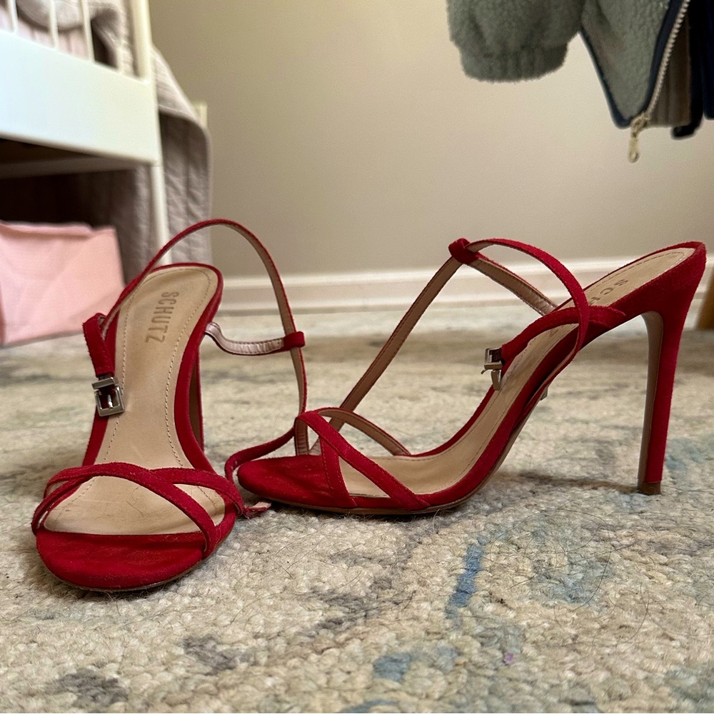 Once worn red suede schutz strappy heels